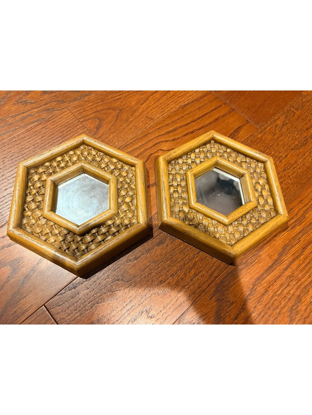 Vintage Homco Mirrors Faux Wicker Basket Weave Hexagon MCM Set of 2